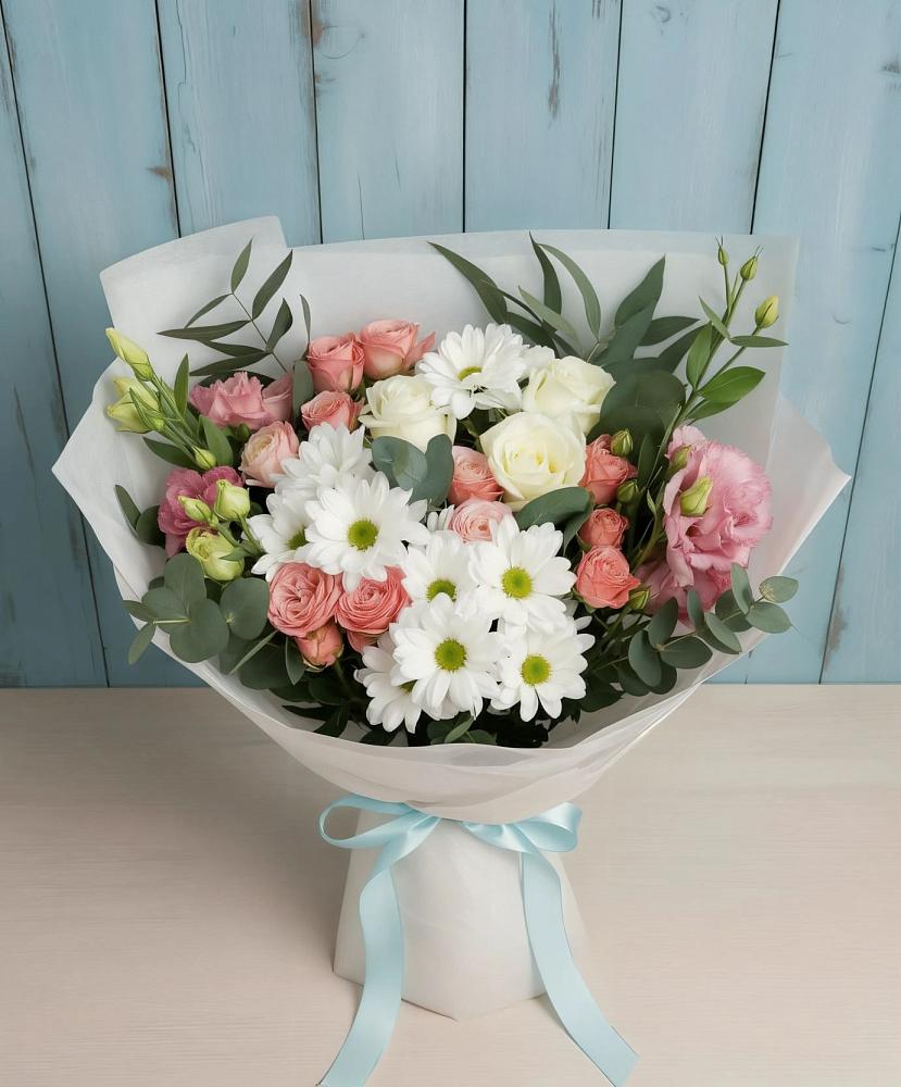 Букет цветов из: Розы, Лизиантусы и Хризантемы в Таширово