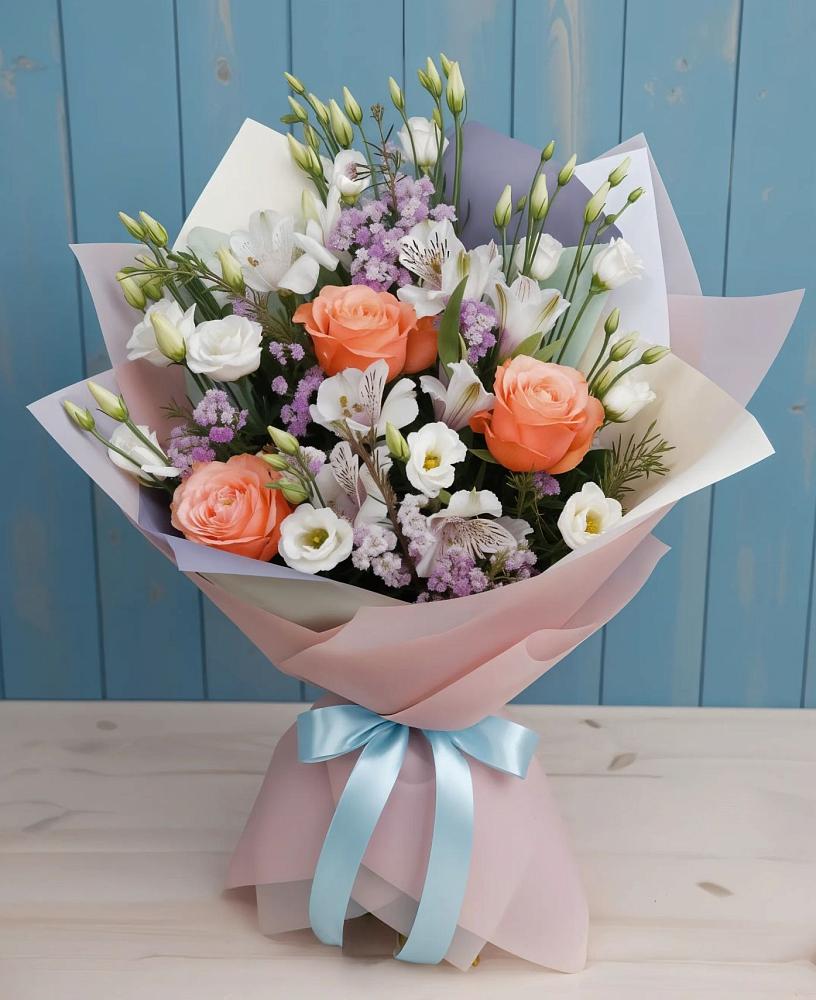 Букет цветов из: Лизиантусы, Розы, Альстромерии и Гипсофила в Таширово