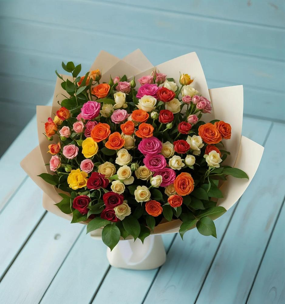 Букет Микс из разноцветных кустовых роз в Таширово