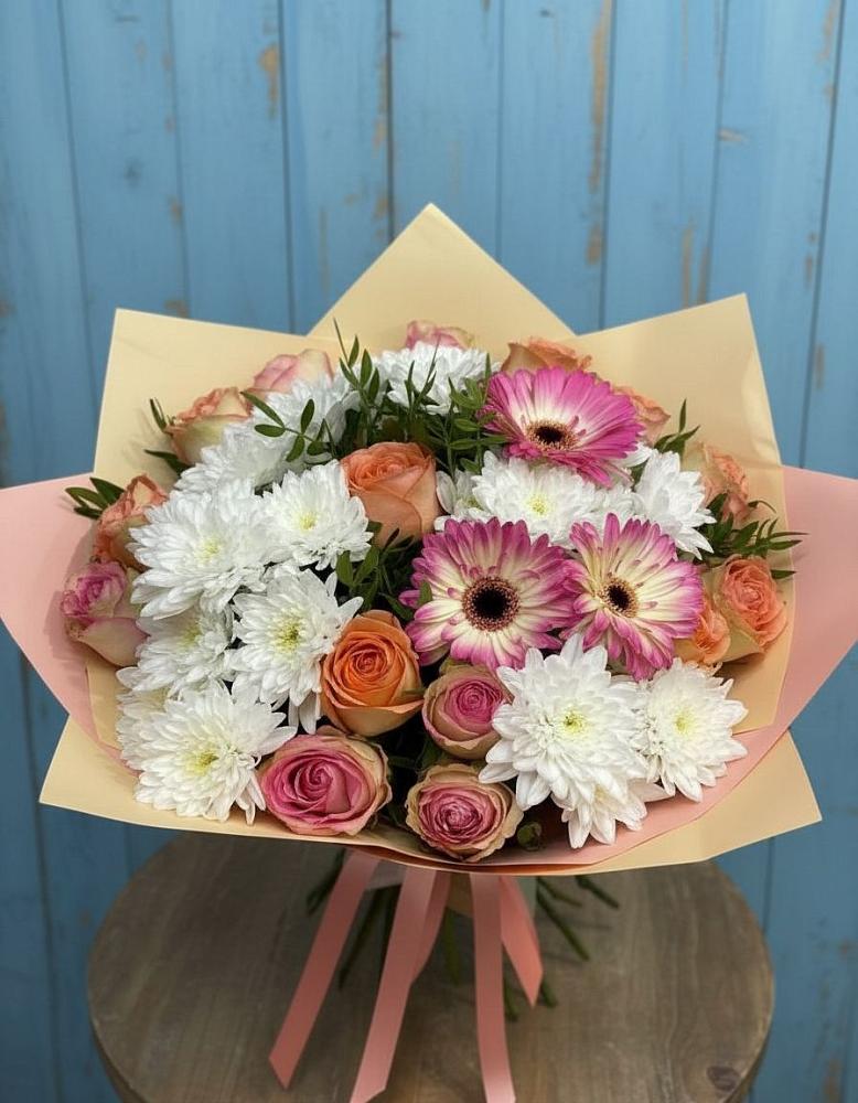 Букет цветов из: Розы, Герберы и Хризантемы в Таширово