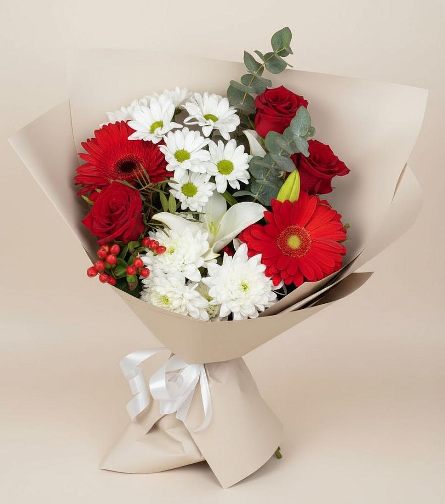 Букет цветов из: Розы, Хризантемы, Герберы и Лилии в Таширово