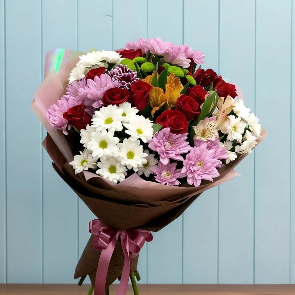 Букет цветов из: Розы, Хризантемы и Альстромерии в Таширово