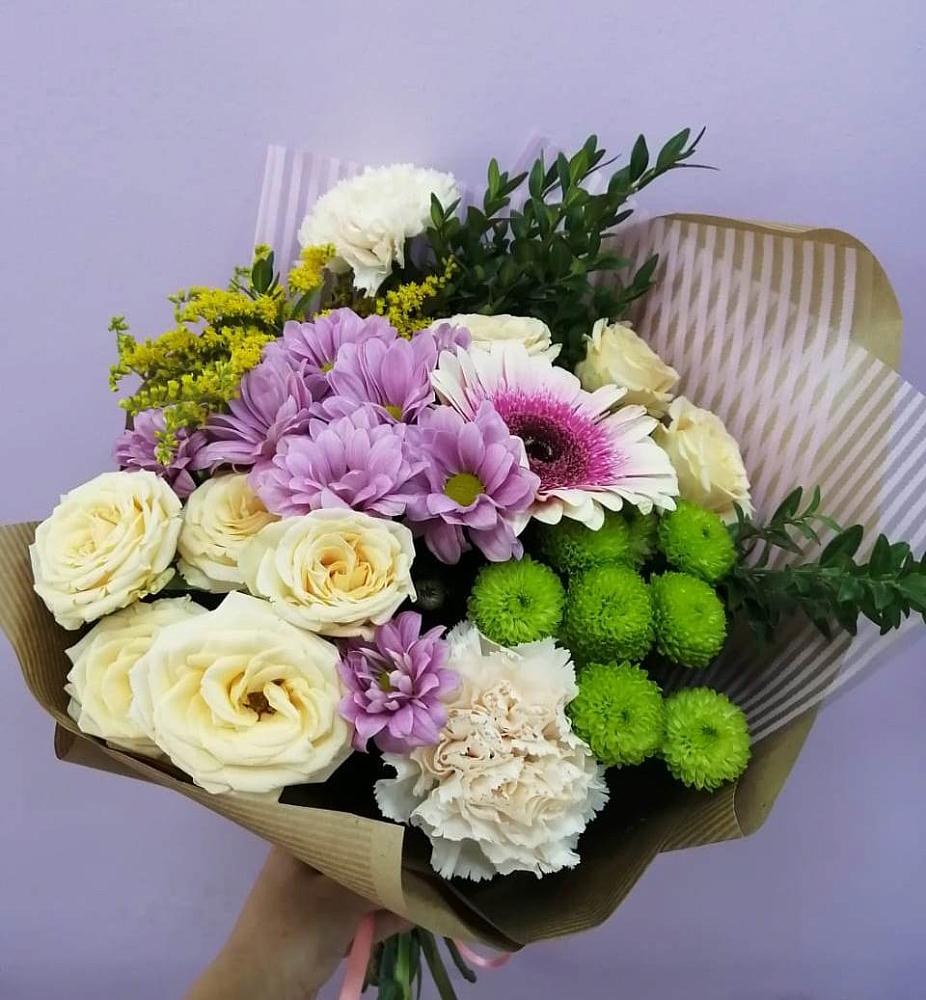 Букет цветов из: Хризантемы, Розы, Гвоздики и Герберы в Таширово