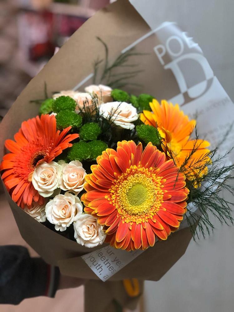 Букет цветов из: Герберы, Хризантемы и Розы в Таширово