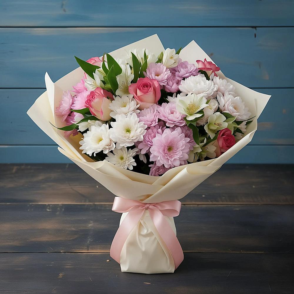 Букет цветов из: Хризантемы, Альстромерии и Розы в Таширово